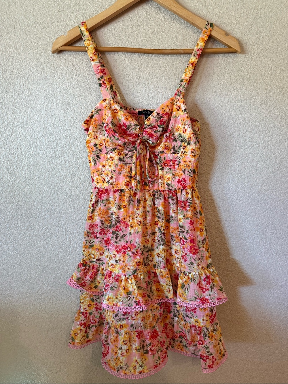 City Studio Pink and Yellow Floral Tie-Front Dress